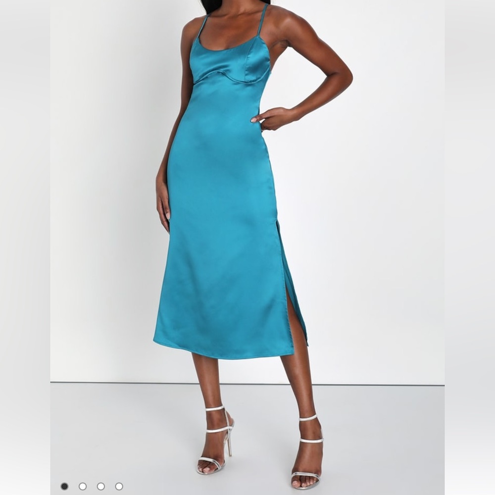 Lulus Teal Blue Satin Seamed Backless Midi Dress